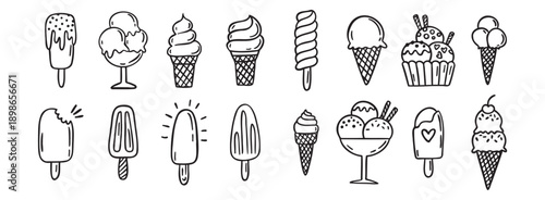 ice cream doodle hand drawn icon set. Outline drawing ice cream line clipart symbol collection