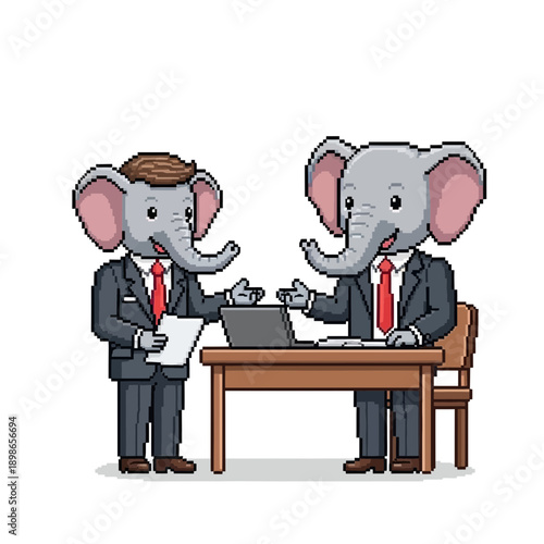 Two elephants in suits shake hands over a desk with a laptop.