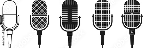 Vintage microphone icon set in outline and solid styles, featuring classic studio, broadcast, podcast and recording mic symbols, ideal for audio, music, radio and media design.