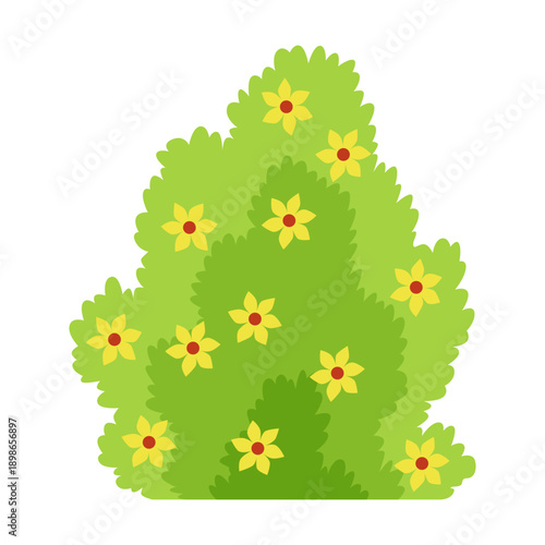 Bush with flowers icon. Cartoon forest and park shrubbery with floral elements. Landscape scene create element. Vector cartoon illustration