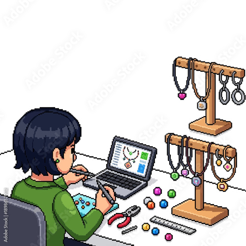 Person making jewelry with tools, beads, and a laptop.