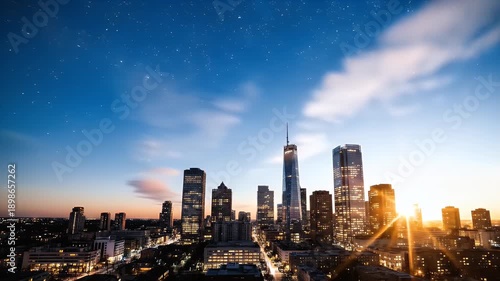 Wallpaper Mural Illuminated skyscrapers beneath a star-filled night sky with clouds, highlighting a city's skyline Torontodigital.ca