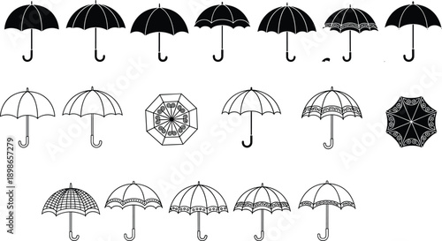 Umbrella icon set in outline and solid styles, featuring classic, decorative and top view umbrellas, ideal for rain, weather, protection and fashion design concepts.