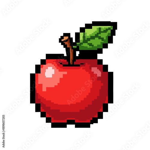 Vibrant Pixel Art Red Apple with Green Leaf.