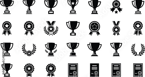 Award trophy and medal icon set, winner cups certificates badges, achievement success symbols, black silhouette vector illustration collection design