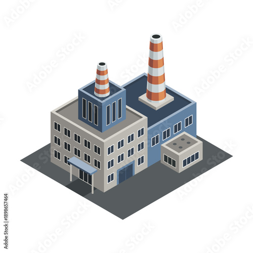 Factory isometric. Industrial bulding. Concept of industrial plant with chimney tower. 3d isolated icon. Architecture of manufacture house. Vector cartoon illustration