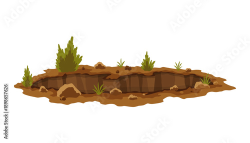 Hole ground. Works digging of sand coal waste rock or gravel. Brown, dry mine element of landscape. Cartoon illustration