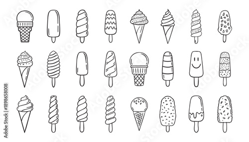  ice cream doodle hand drawn icon set. Outline drawing ice cream line clipart symbol collection