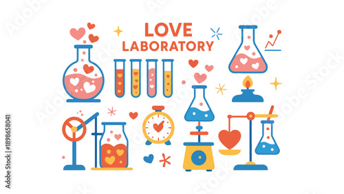A colorful illustration of a love laboratory with various scientific equipment