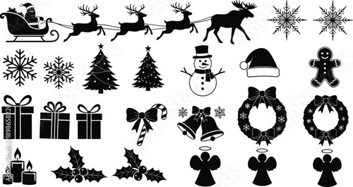 Christmas holiday silhouette icon set, Santa sleigh reindeer gifts ornaments snowflakes, festive winter symbols, black vector illustration collection