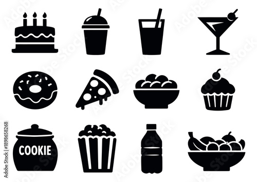 Stylized food and beverage icon set featuring cake, drinks, pizza, snacks, and fruits for party and menu design
