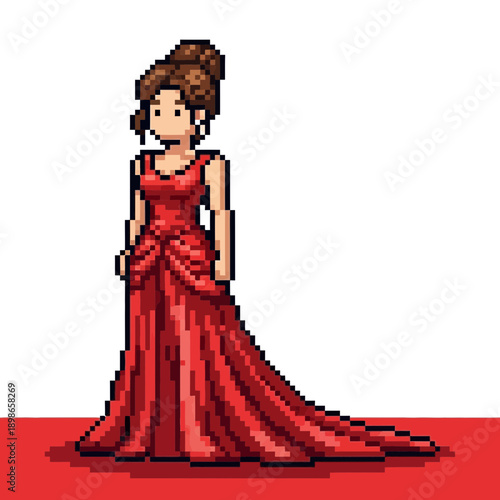 Pixel art woman in a long red formal gown with her hair up.