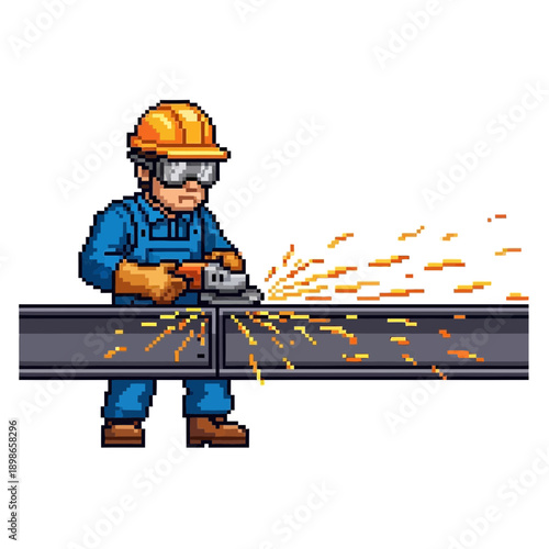 Worker grinds metal beam, creating sparks and dust.