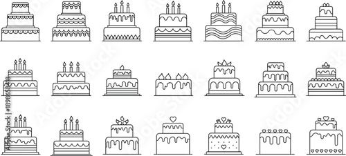 Wedding and birthday cake icon set in outline style, featuring layered celebration cakes with candles and decorations, ideal for bakery, party, dessert and event design concepts.