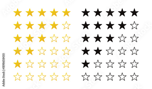 Star rate icons vector set. Star rate flat yellow and black style.