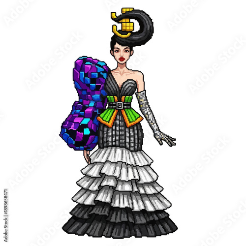 Woman in elaborate ruffled dress and large sleeve.