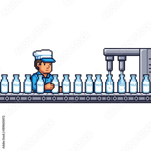 Worker monitors bottles on a conveyor belt at a filling machine.