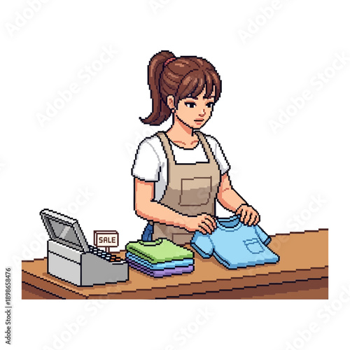 Woman folding clothes at a counter with a cash register.