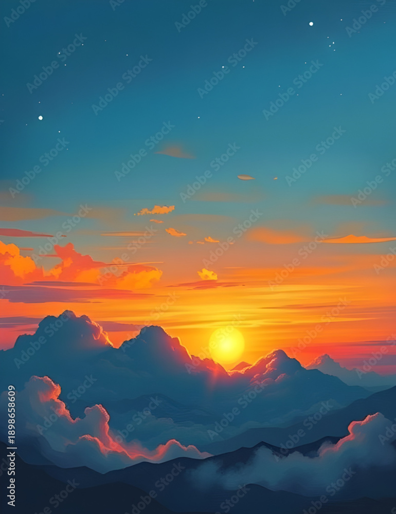 Fototapeta premium sunset, sky, clouds, horizon, dusk, twilight, evening, glow, reflection, light, warm, amber, crimson, blue, violet, pastel, gradient, atmosphere, mood, tranquil, serene, peaceful, dramatic, scenic, na