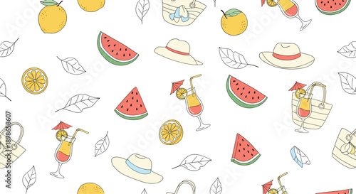 Summer themed seamless pattern contains icons of sliced watermelon tropical cocktails straw hats citrus fruits and green leaves on white.