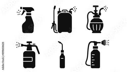 A collection of black silhouettes of various spray bottles and cleaning equipment