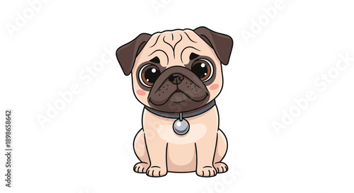 Adorable cartoon pug dog sitting calmly and looking forward with big brown eyes on a clean white background.