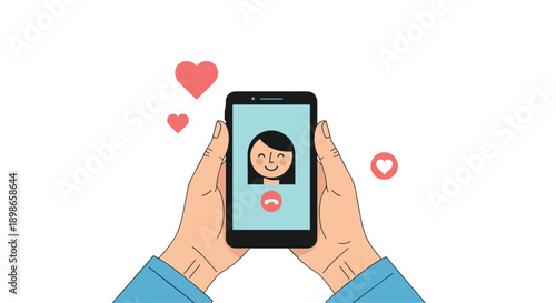 Hands holding a smartphone showing a video call with a smiling woman and floating red heart icons for communication.