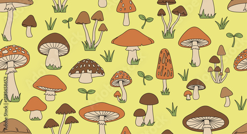 Detailed seamless pattern of various mushroom types with grass and leaves on a soft yellow background for design.