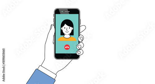 Close up of a hand holding a smartphone displaying a video call from a smiling woman with a teal background.