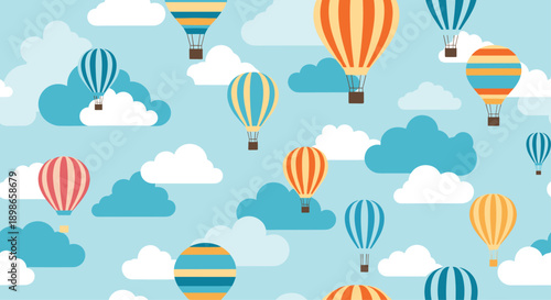 Seamless background pattern featuring various colorful hot air balloons floating among white clouds in a bright blue sky.