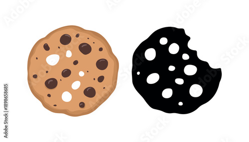Chocolate chip cookie and silhouette on white background baked