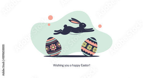 Silhouette of a black bunny jumping over two colorful decorated easter eggs with wishing you a happy easter text.