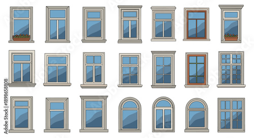 Extensive collection of diverse window designs and frame styles in various shapes for architectural projects.