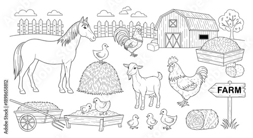 Detailed black and white line art illustration of a farm with a barn, horse, goat, chickens, and hay for coloring.