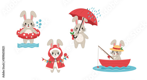 Set of four cute bunny characters enjoying activities like swimming, fishing, and rain for various seasons.