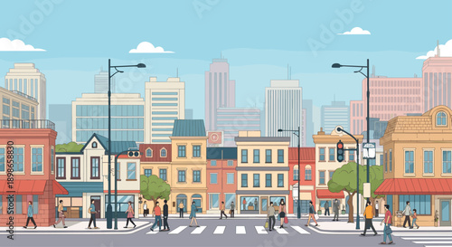 Busy urban street scene with diverse people walking by shops and houses with a skyscraper city skyline background.