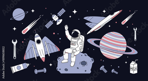 Astronaut sitting on a small rocky moon waves to the universe surrounded by planets, spaceships, and falling comets in deep space.
