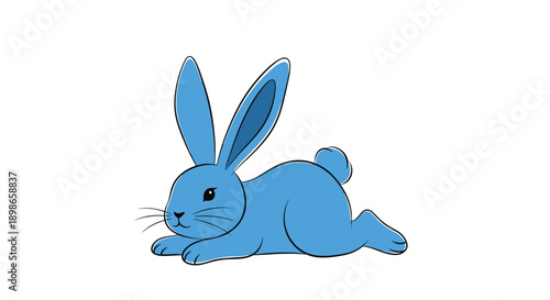 Simple and cute illustration of a bright blue rabbit lying down calmly on its belly on a white background.