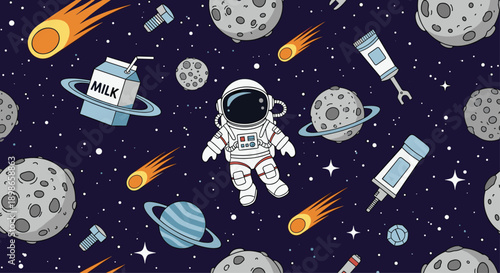 Seamless space pattern with a floating astronaut, various planets, comets, and a milk carton in a vast dark universe background.