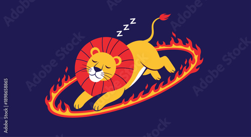Cartoon lion sleeping peacefully while jumping through a flaming circus ring of fire on a solid dark blue background for kids.