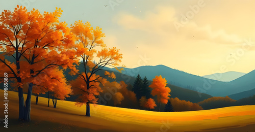 autumn, fall, landscape, trees, hills, forest, nature, scenery, countryside, valley, fields, foliage, leaves, colorful, golden, orange, red, brown, seasonal, harvest, calm, peaceful, scenic, horizon, 