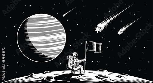 Black and white illustration of an astronaut planting a flag on the lunar surface with a large planet and comets in the background.