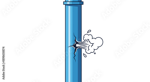 Illustration of a blue water pipe with a visible crack and steam or liquid spraying out under pressure on a clean white background.