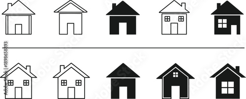 Minimal house icon set, home building silhouettes, real estate property symbols, black white vector illustration collection design, modern flat icons