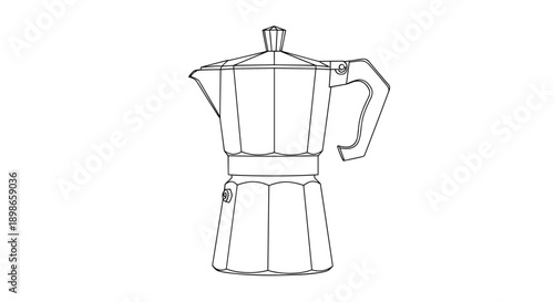 Classic italian moka pot coffee maker rendered in a precise black and white line art style for use in kitchen and cafe design projects.
