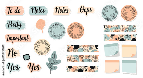Large collection of planner stickers including labels, notes, floral wreaths, and decorative tapes in soft pastel colors and black ink.