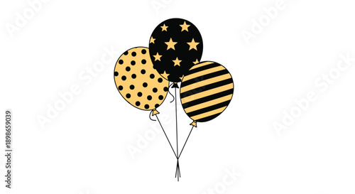 Group of three festive balloons featuring decorative patterns of dots, stars, and stripes in black and gold colors on a plain background.