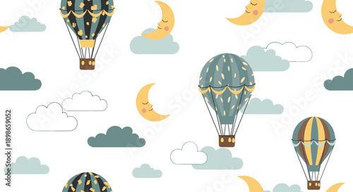 Dreamy seamless pattern showcasing decorated hot air balloons floating among smiling crescent moons and fluffy clouds in a soft sky.