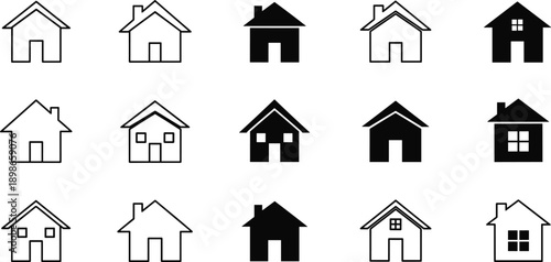 Minimal house icon set, home silhouettes collection, real estate property symbols, black white flat vector illustration for architecture design use