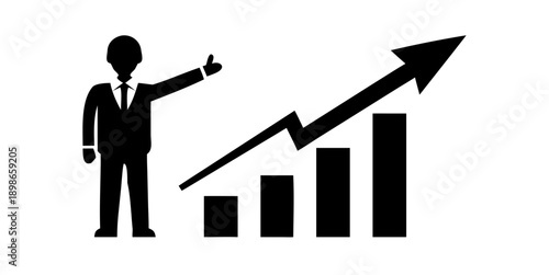 Silhouette of a businessman pointing at a rising bar chart arrow, concept of financial growth, profit, and successful stock market analysis.